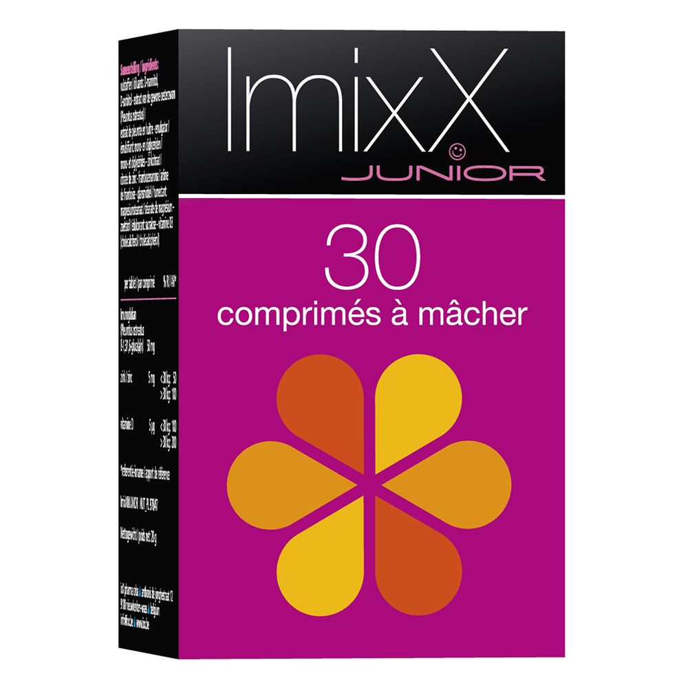 Boîte Imixx Junior, 30 comprimés à mâcher. Rose, noir, motif floral orange.