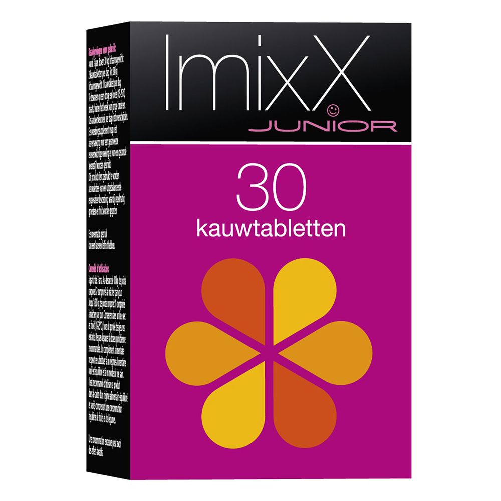 Doos Imixx Junior, 30 kauwtabletten. Roze, zwart, oranje bloemvorm.