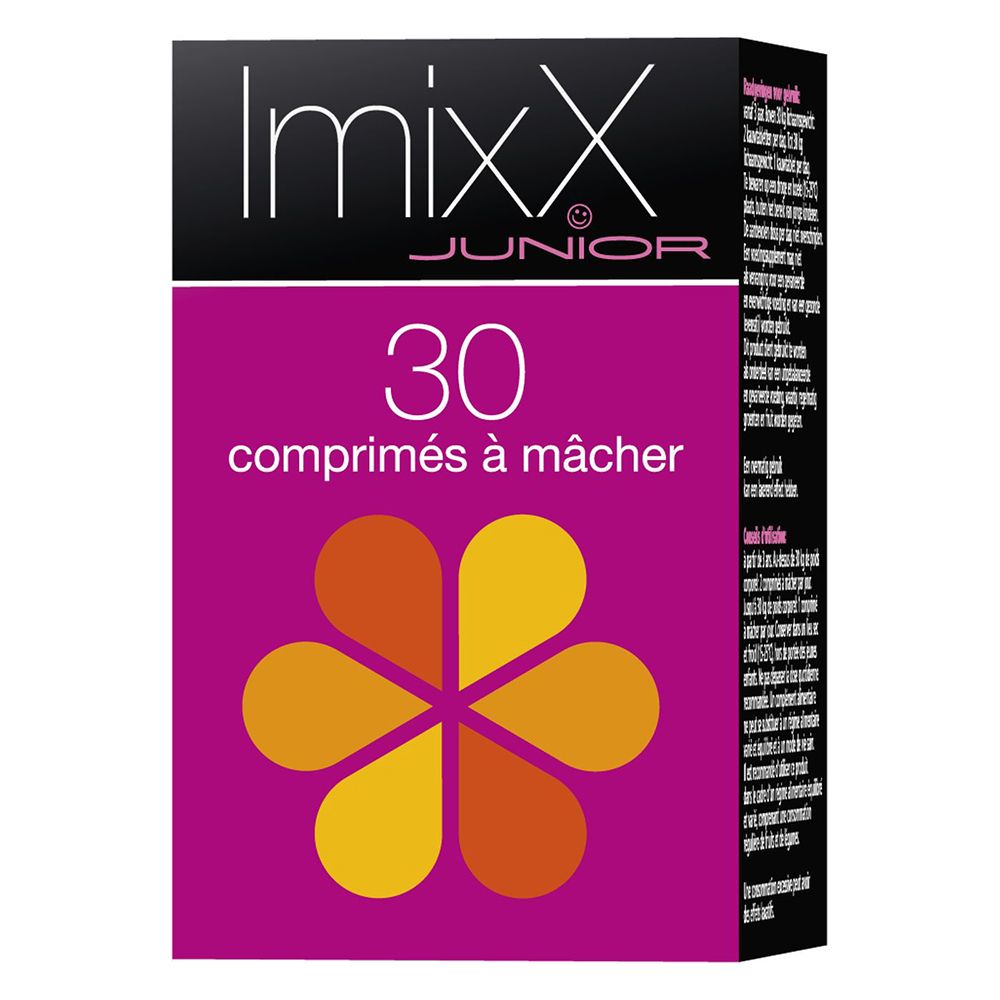 Boîte Imixx Junior, 30 comprimés à mâcher. Rose, noir, motif floral orange.