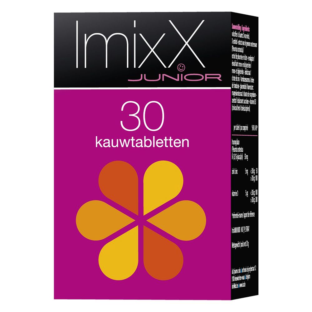 Doos Imixx Junior, 30 kauwtabletten. Roze, zwart, oranje bloemvorm.