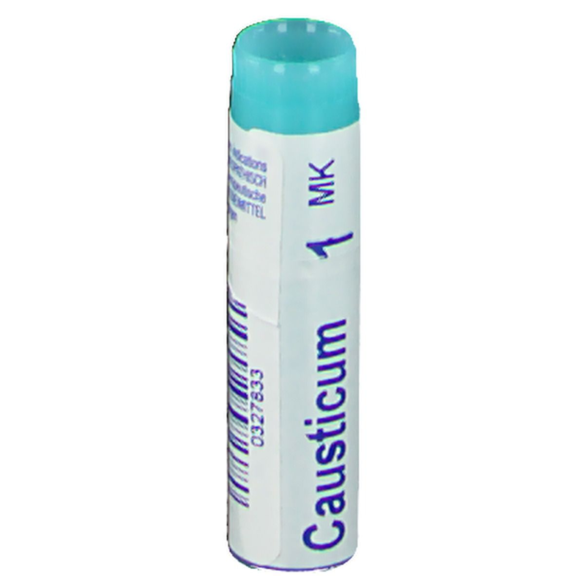 Tube cylindrique bleu et blanc. Inscription: Causticum 1 MK.