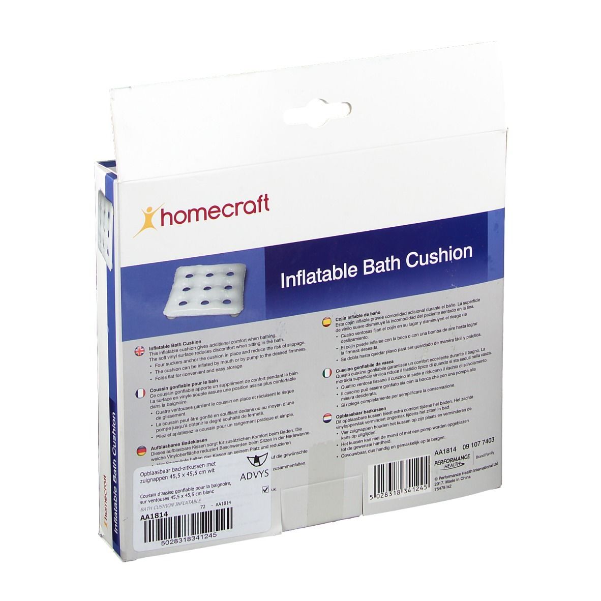Verpackung des aufblasbaren Badekissens. Marke: homecraft. Aufschrift: Inflatable Bath Cushion. Produktabbildung mit Saugnäpfen.