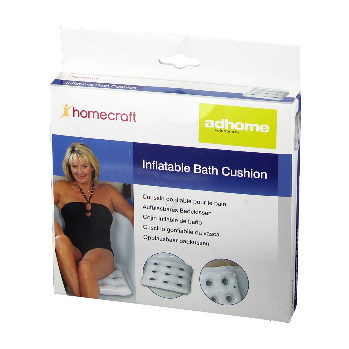 Verpackung mit Frau im Badeanzug, aufblasbares Badekissen im Einsatz. Marke: homecraft, adhome. Aufschrift: Inflatable Bath Cushion.