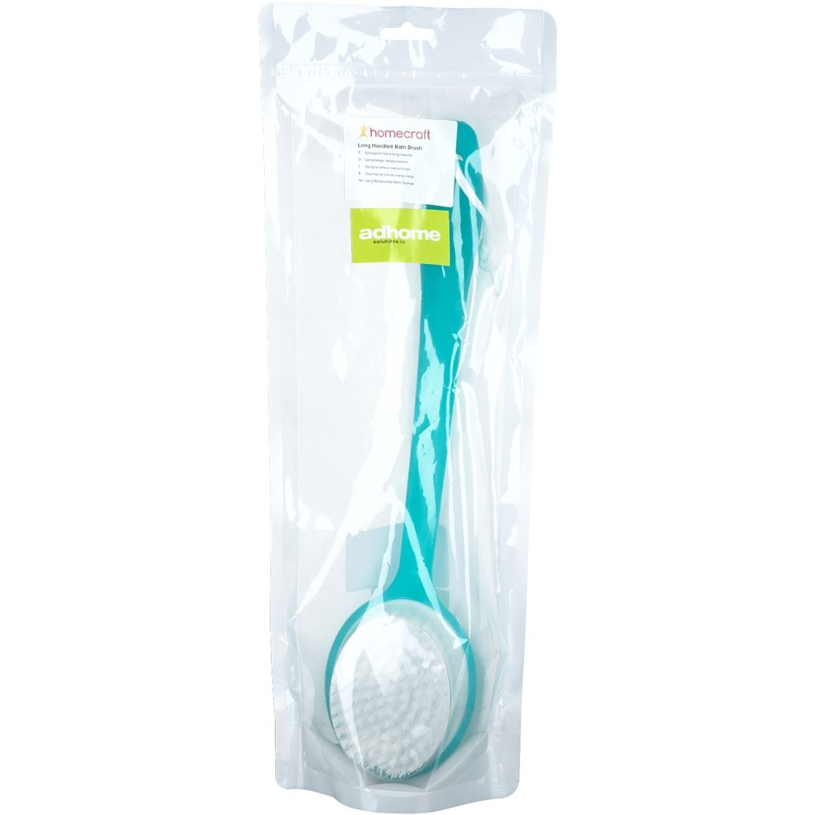 Brosse de bain à long manche dans emballage transparent. Manche turquoise, tête ronde. Étiquette avec nom du produit.