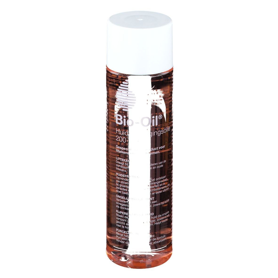 Flacon de Bio-Oil. Forme cylindrique, liquide transparent, bouchon blanc. Étiquetage.