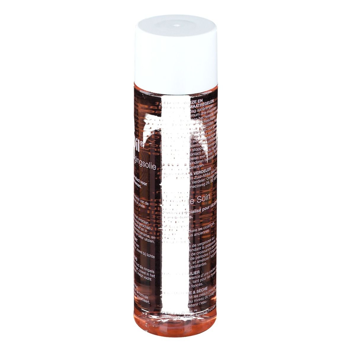 Flacon de Bio-Oil. Forme cylindrique, liquide transparent, bouchon blanc. Étiquetage.
