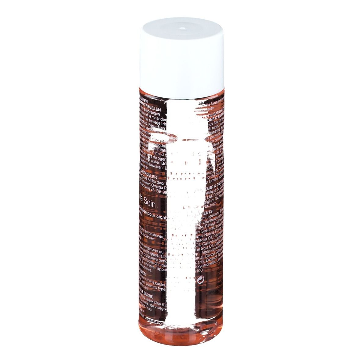 Flacon de Bio-Oil. Forme cylindrique, liquide transparent, bouchon blanc. Étiquetage.