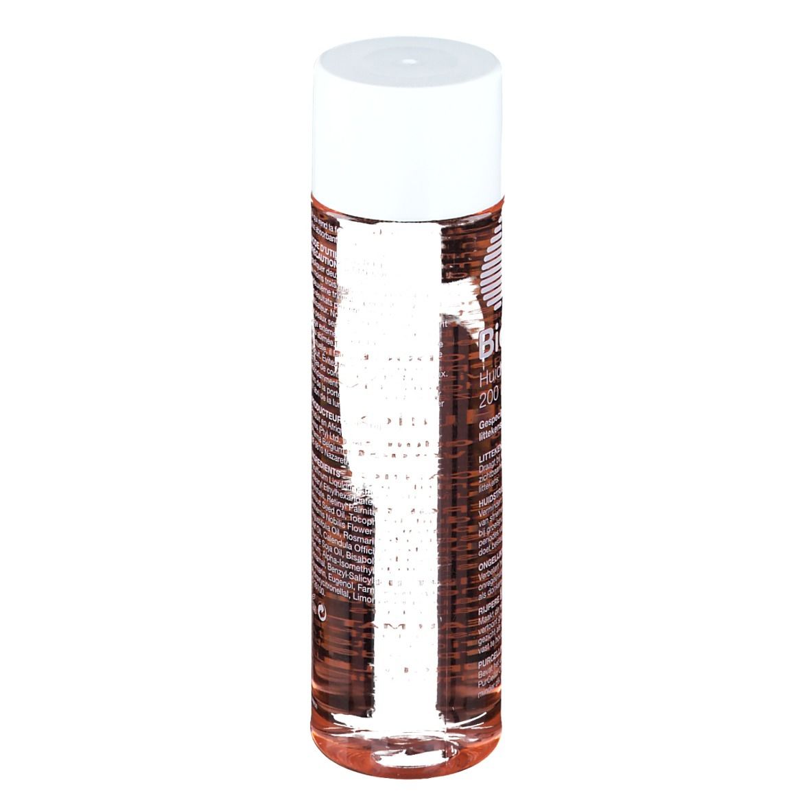 Flacon de Bio-Oil. Forme cylindrique, liquide transparent, bouchon blanc. Étiquetage.