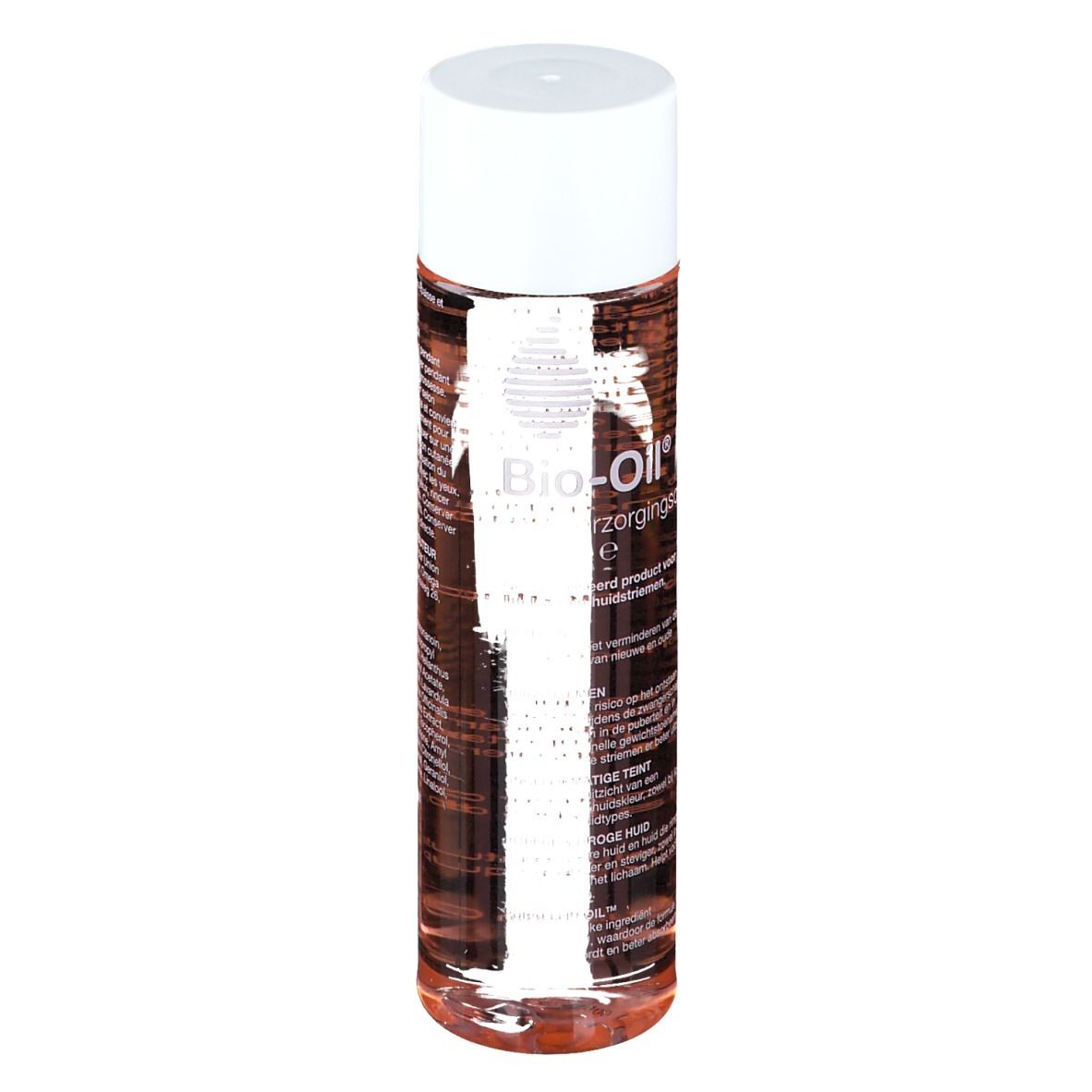 Flacon de Bio-Oil. Forme cylindrique, liquide transparent, bouchon blanc. Étiquetage.