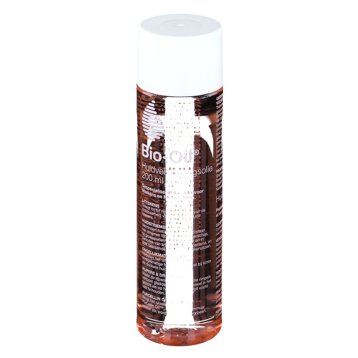 Flacon de Bio-Oil. Forme cylindrique, liquide transparent, bouchon blanc. Étiquetage.