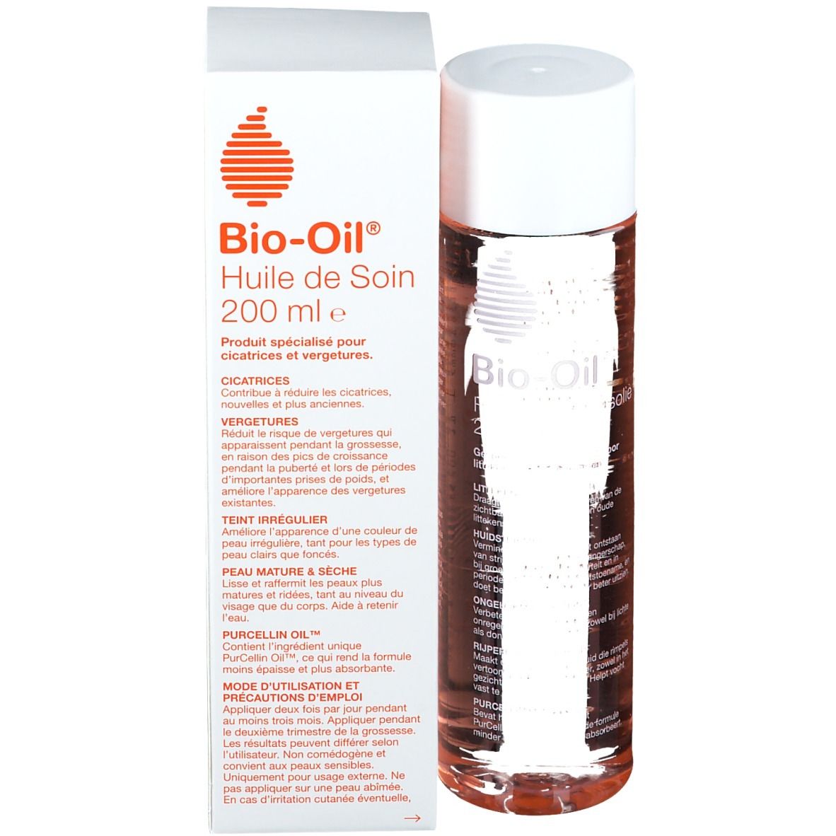 Flacon et emballage Bio-Oil. Flacon cylindrique, liquide transparent, bouchon blanc. Emballage.