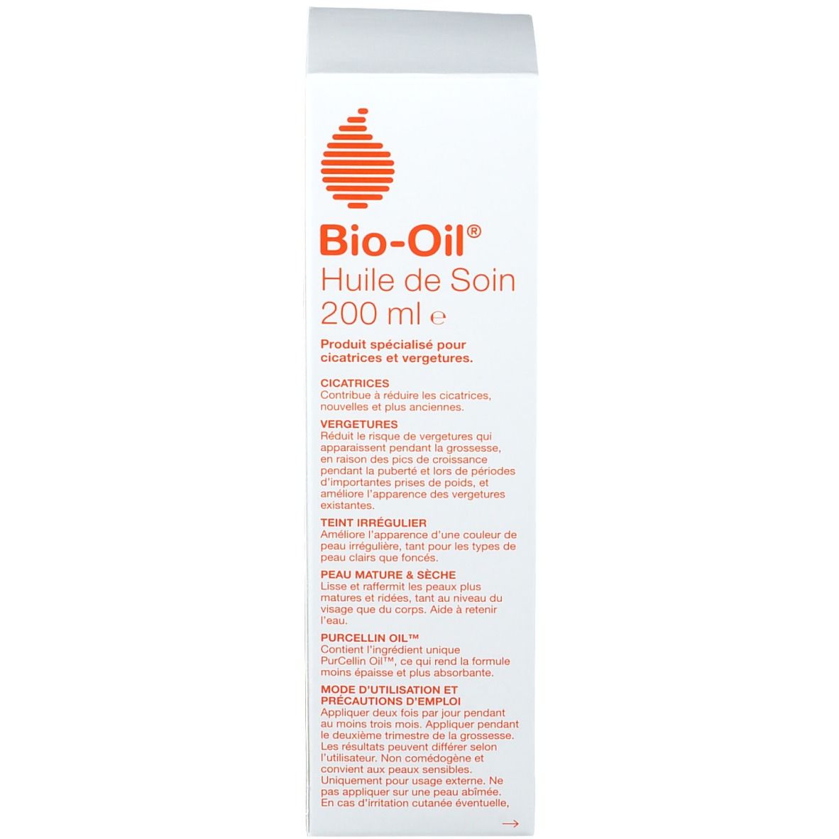 Emballage Bio-Oil. Boîte blanche avec informations produit et logo.