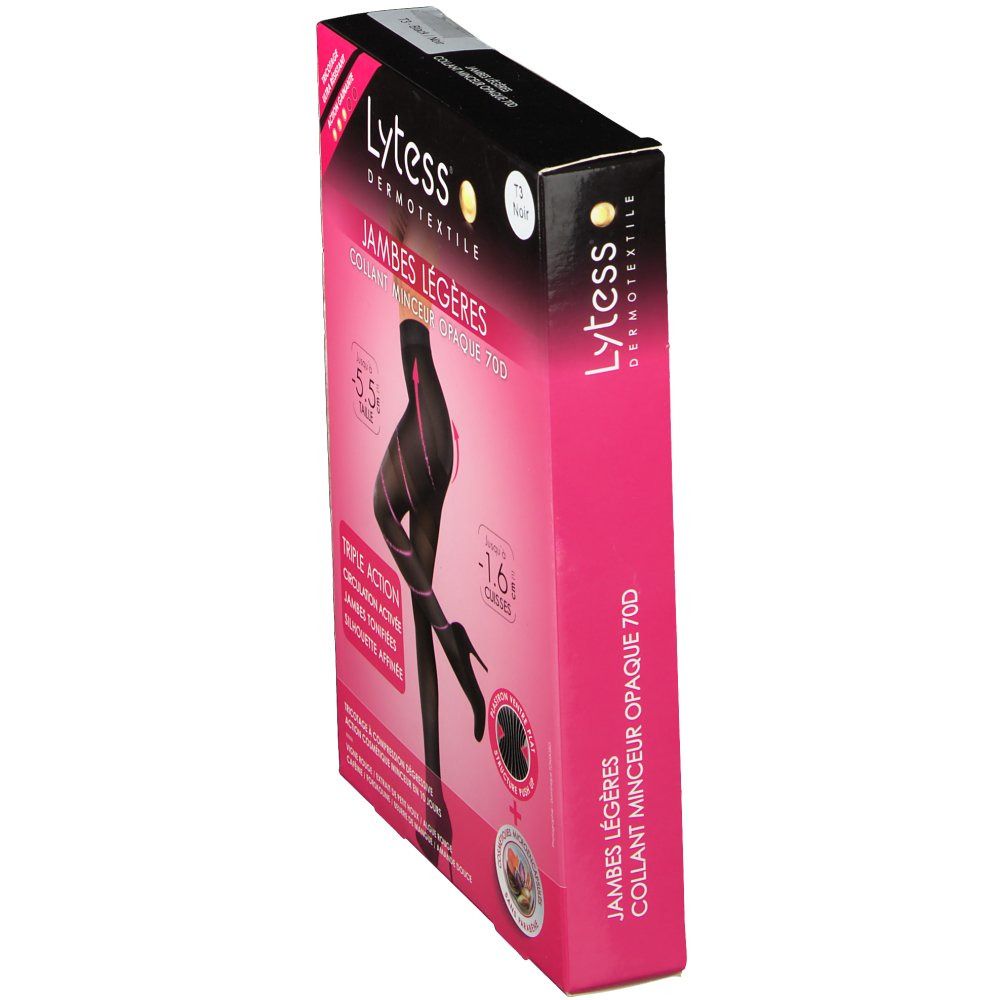 Boîte de collant noir Lytess Jambes Légères T3. Design rose et noir. Texte: Triple Action, Circulation Activée, Jambes Tonifiées, Silhouette Affinée.
