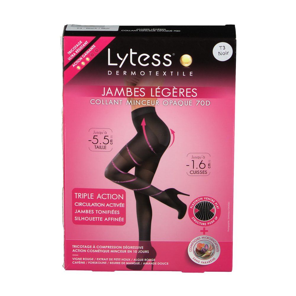 Boîte de collant noir Lytess Jambes Légères T3. Design rose et noir. Texte: Triple Action, Circulation Activée, Jambes Tonifiées, Silhouette Affinée.