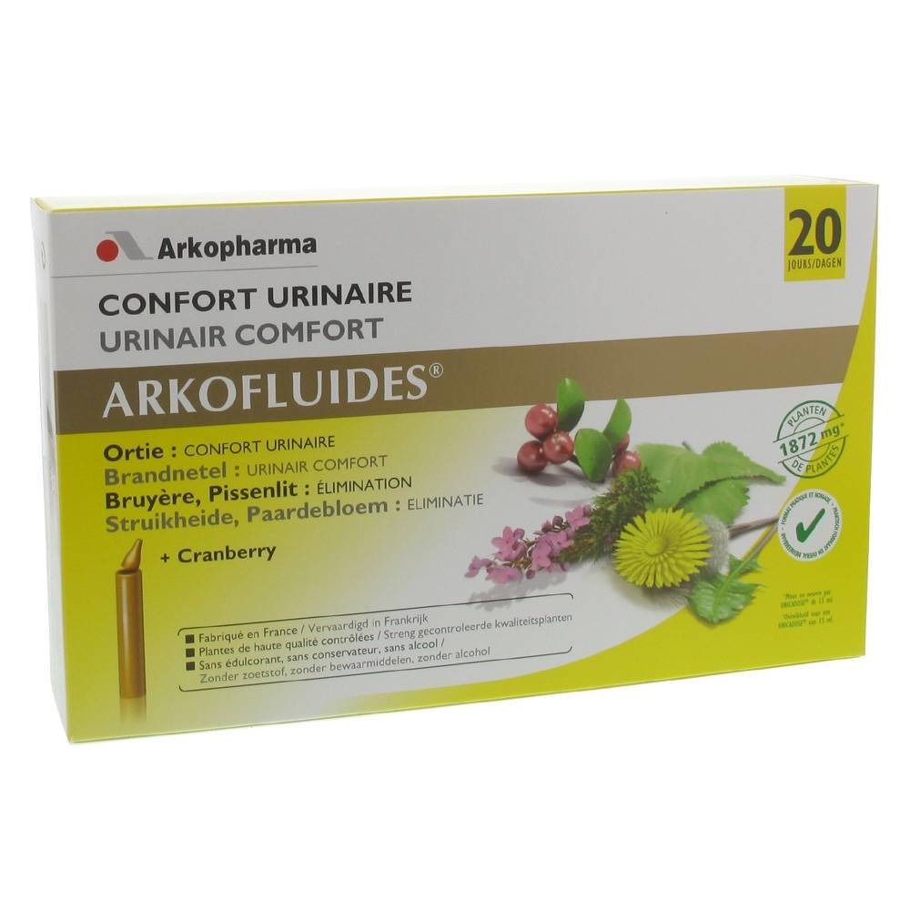 Boîte de 20 ampoules. Inscription: Confort Urinaire, Arkofluides. Illustration de plantes et de cranberry.