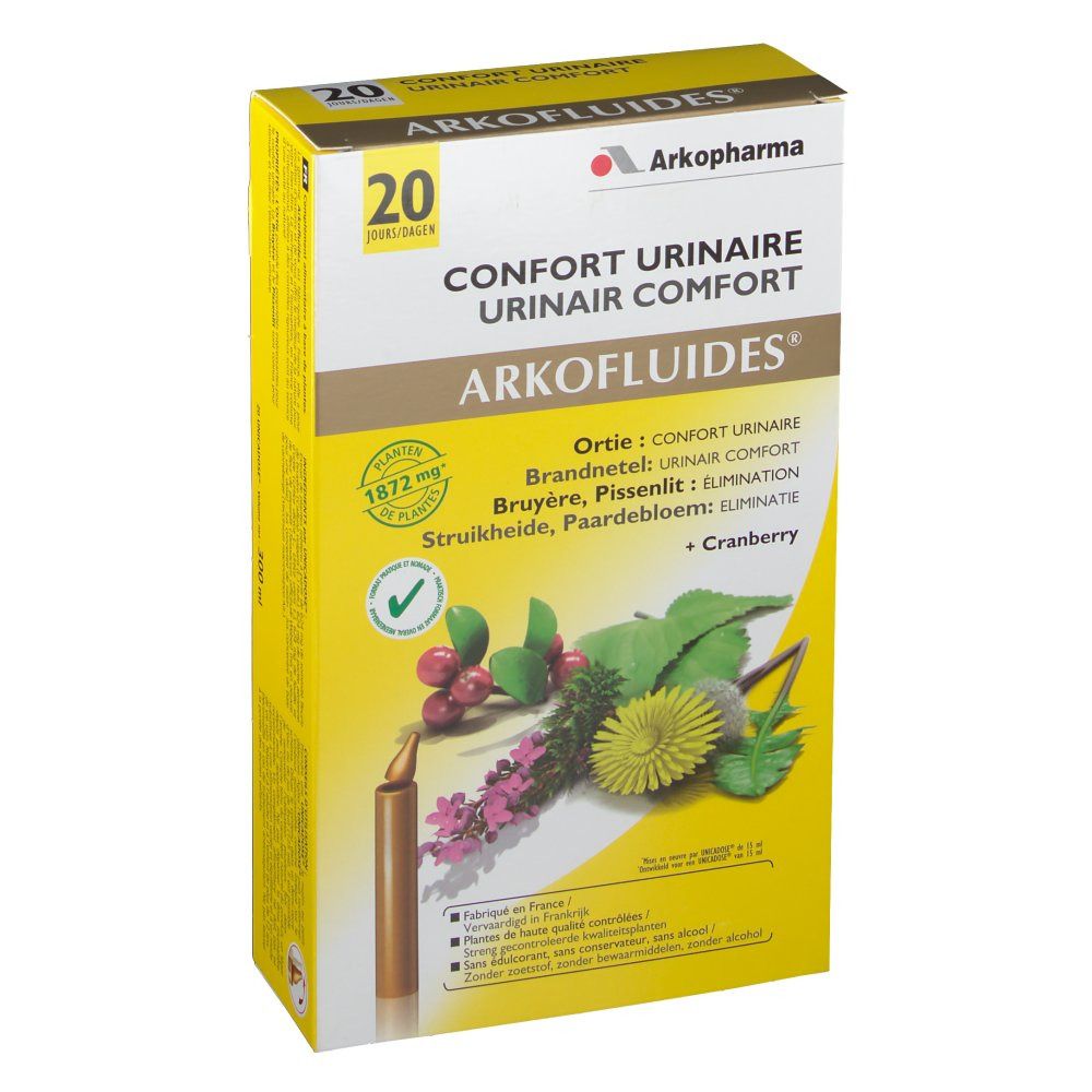 Boîte de 20 ampoules. Inscription: Confort Urinaire, Arkofluides. Illustration de plantes et de cranberry.