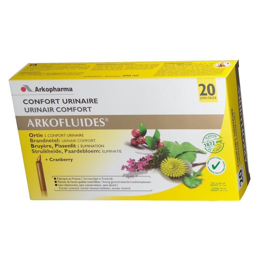 Boîte de 20 ampoules. Inscription: Confort Urinaire, Arkofluides. Illustration de plantes et de cranberry.