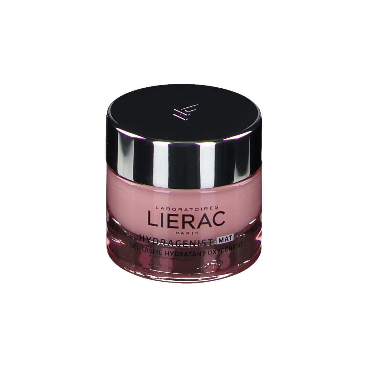 Roze crème in een glazen pot met zilveren deksel. Opschrift: LIERAC, HYDRAGENIST MAT, Gel-Crème Hydratant Oxygénant.