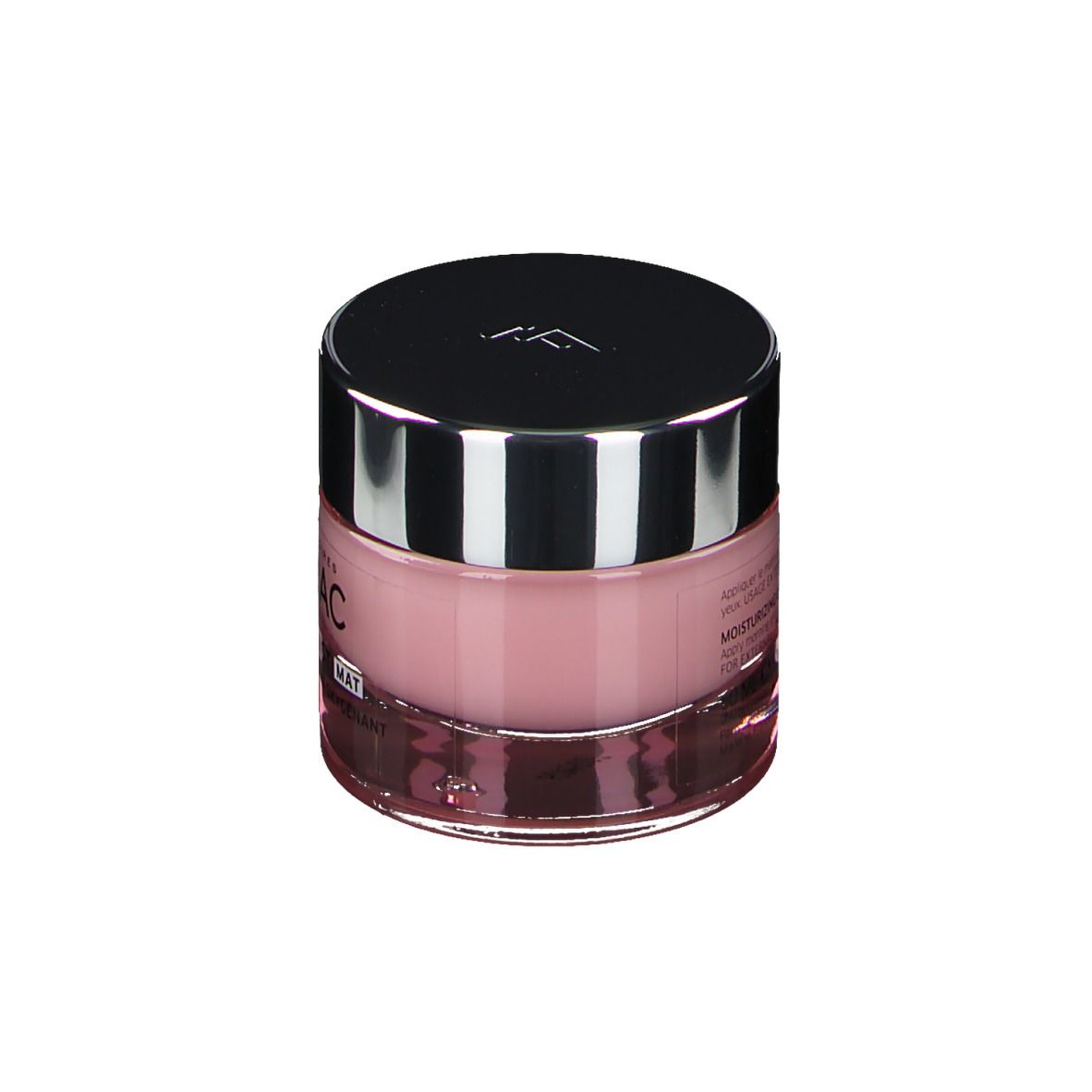Roze crème in een glazen pot met zilveren deksel. Opschrift: LIERAC, HYDRAGENIST MAT, Gel-Crème Hydratant Oxygénant.