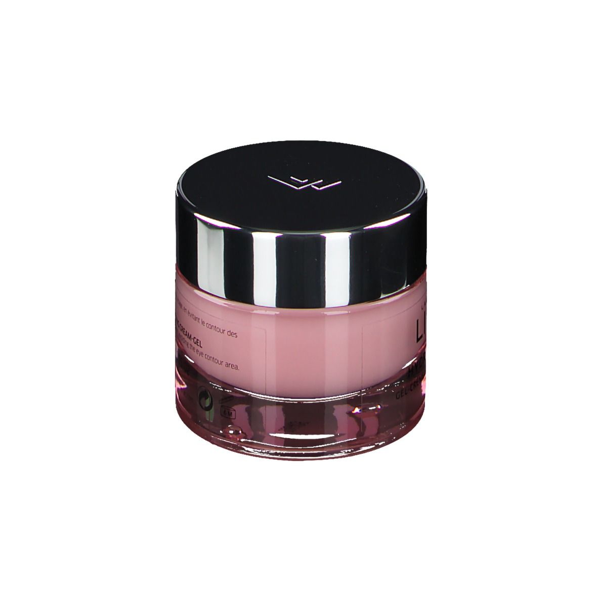 Roze crème in een glazen pot met zilveren deksel. Opschrift: LIERAC, HYDRAGENIST MAT, Gel-Crème Hydratant Oxygénant.
