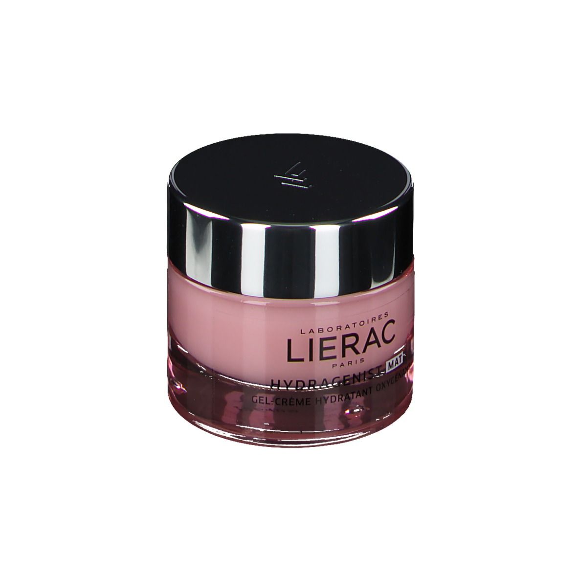 Roze crème in een glazen pot met zilveren deksel. Opschrift: LIERAC, HYDRAGENIST MAT, Gel-Crème Hydratant Oxygénant.
