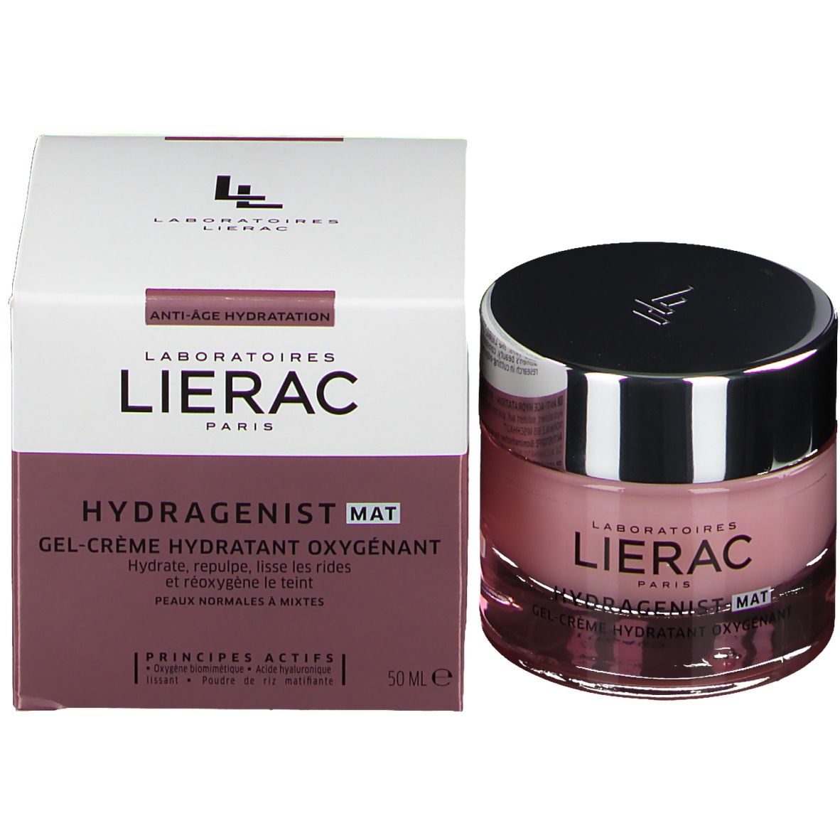 Roze crème in een glazen pot met zilveren deksel. Opschrift: LIERAC, HYDRAGENIST MAT, Gel-Crème Hydratant Oxygénant.