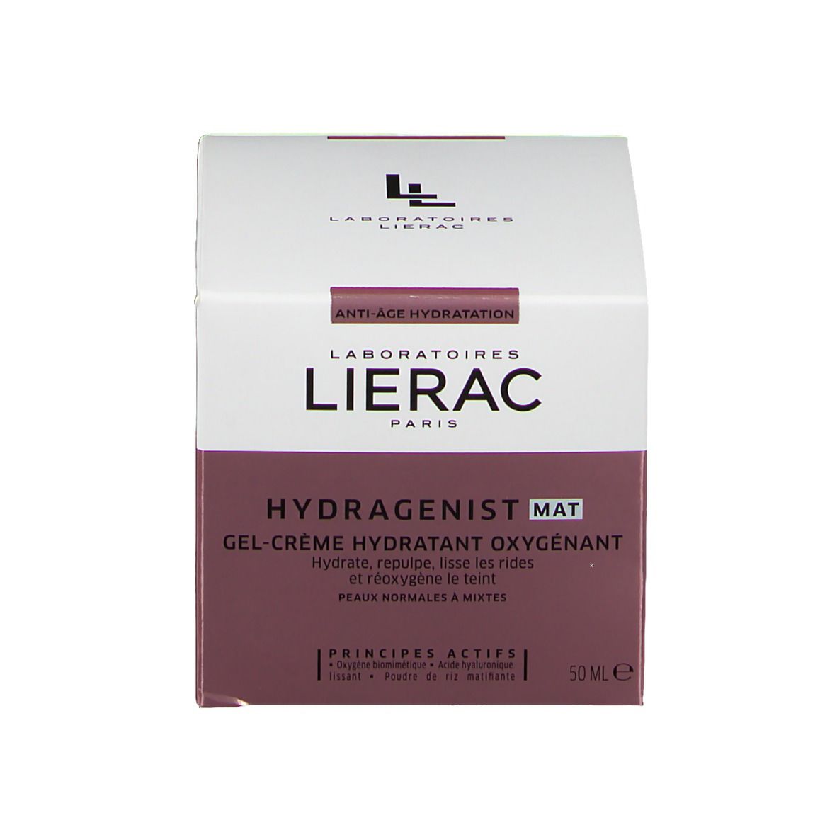 Productverpakking met crème pot. Opschrift: LIERAC, HYDRAGENIST MAT, Gel-Crème Hydratant Oxygénant, 50 ml.