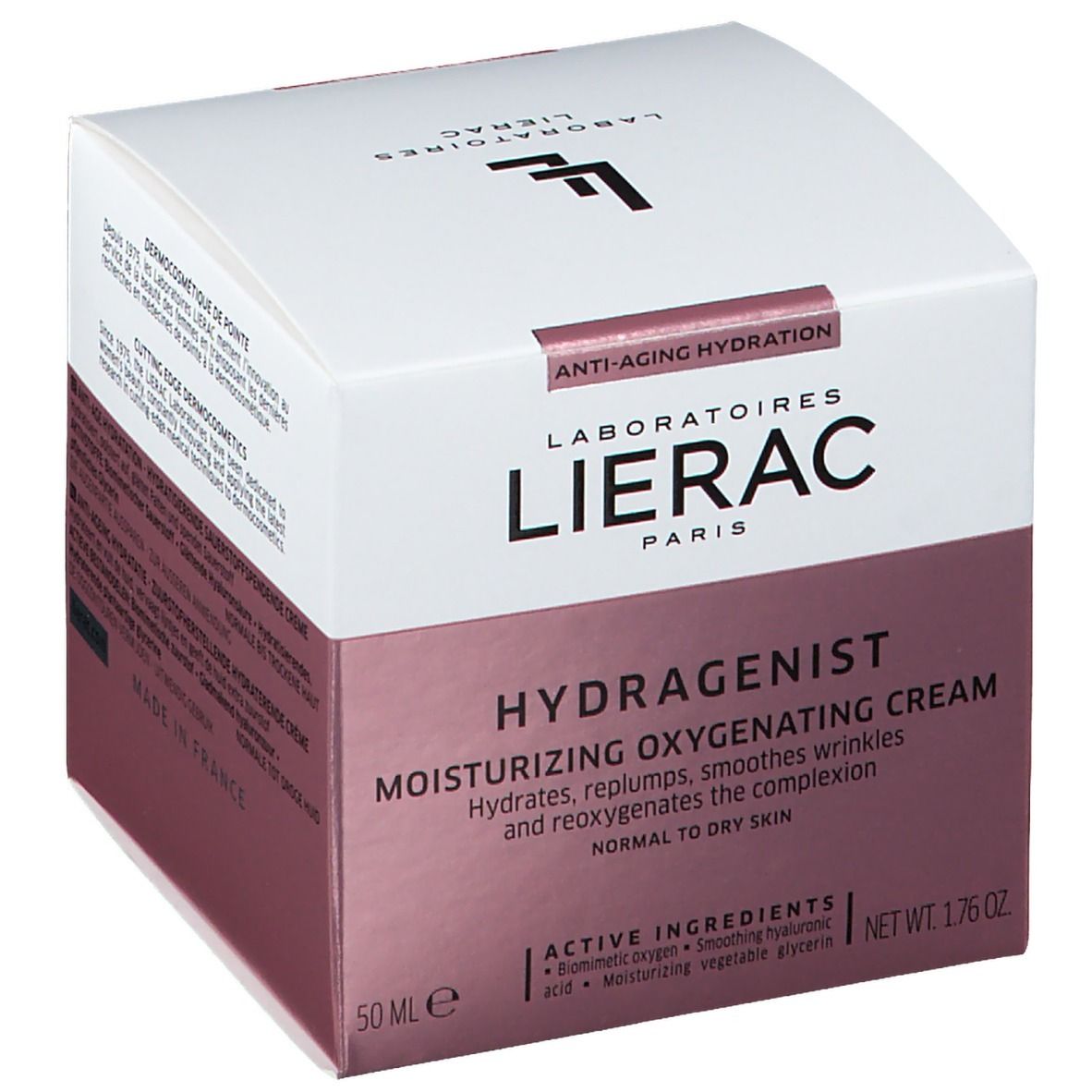Boîte blanche avec inscription : LIERAC, HYDRAGENIST, Moisturizing Oxygenating Cream. Contient 50 ml. Avec ingrédients.