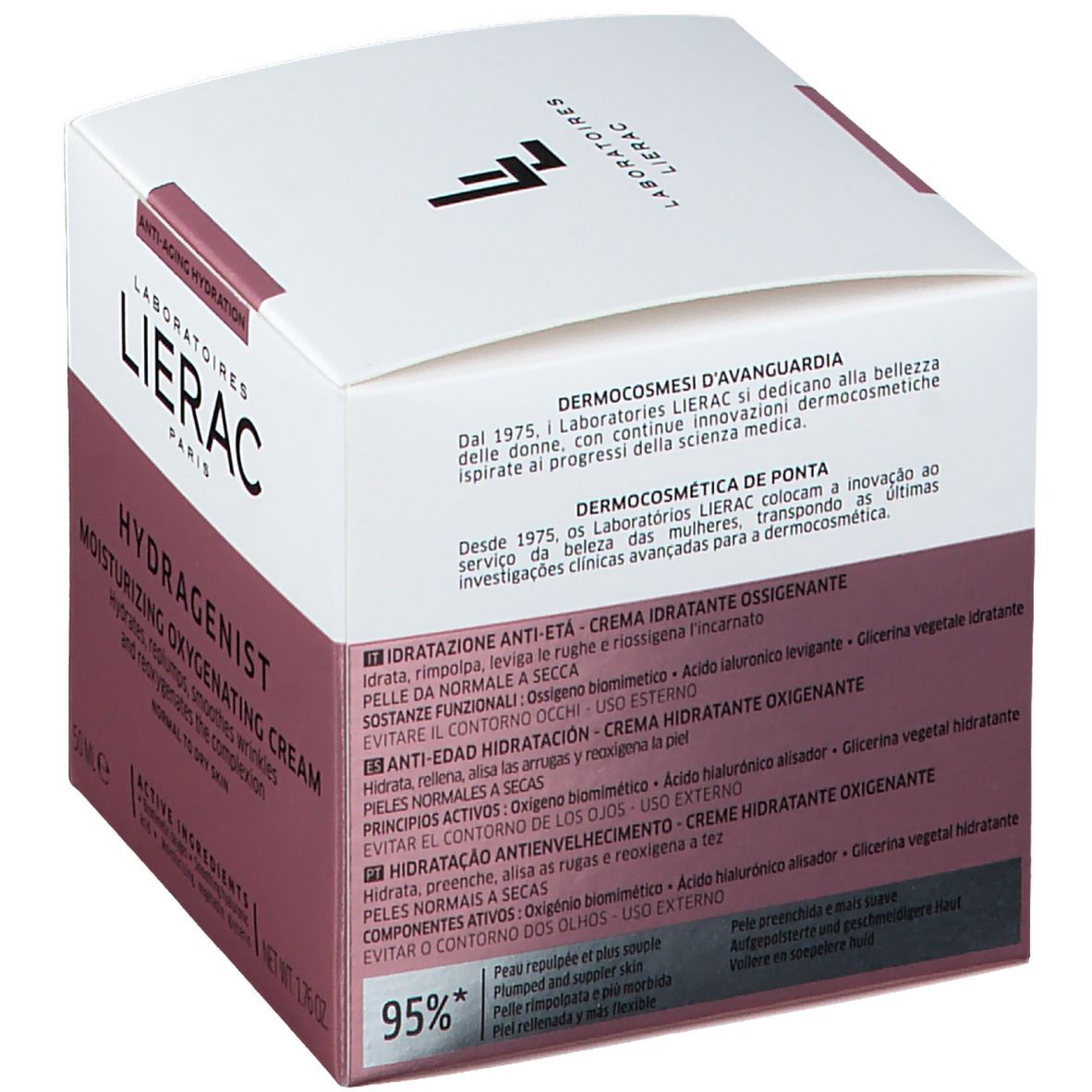 Boîte blanche avec inscription : LIERAC, HYDRAGENIST, Moisturizing Oxygenating Cream. Avec texte multilingue et 95%*
