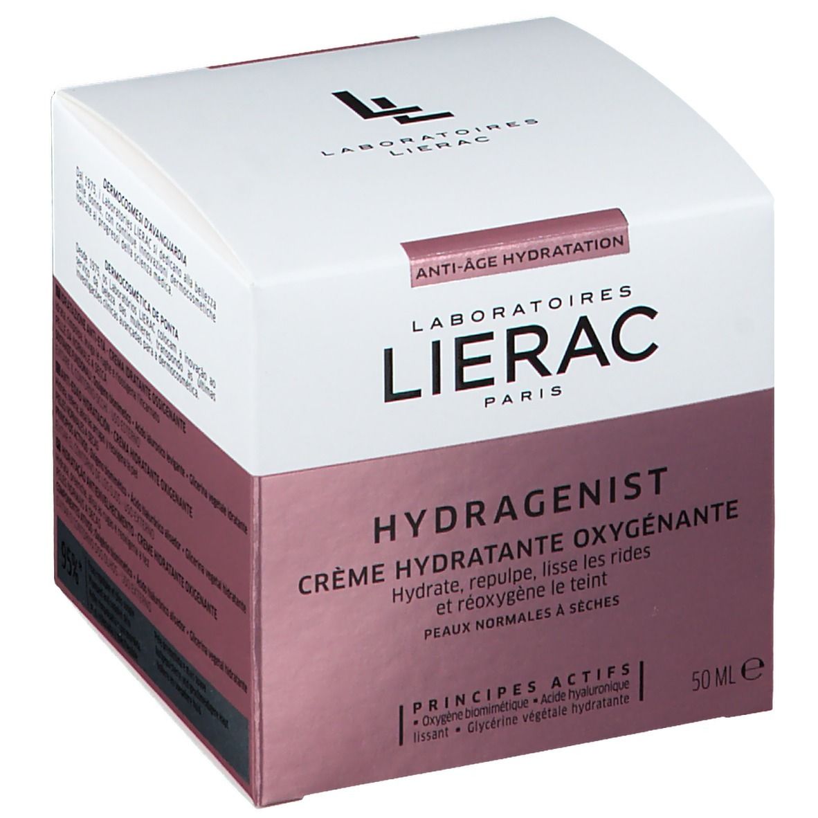 Boîte blanche avec inscription : LIERAC, HYDRAGENIST Crème Hydratante Oxygénante. Contient 50 ml. Pour peaux normales à sèches.