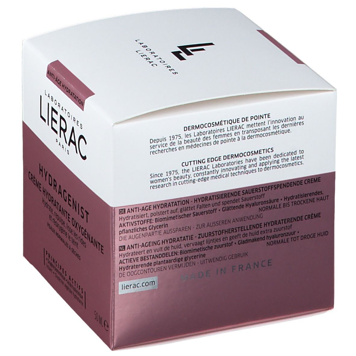 Boîte blanche avec inscription : LIERAC, HYDRAGENIST Crème Hydratante Oxygénante. Contient 50 ml. Avec texte multilingue.