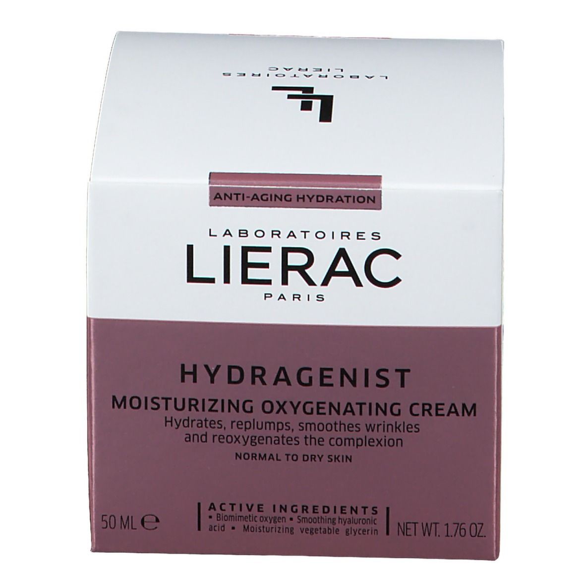 Boîte blanche avec inscription : LIERAC, HYDRAGENIST, Moisturizing Oxygenating Cream. Contient 50 ml et 1.76 oz.