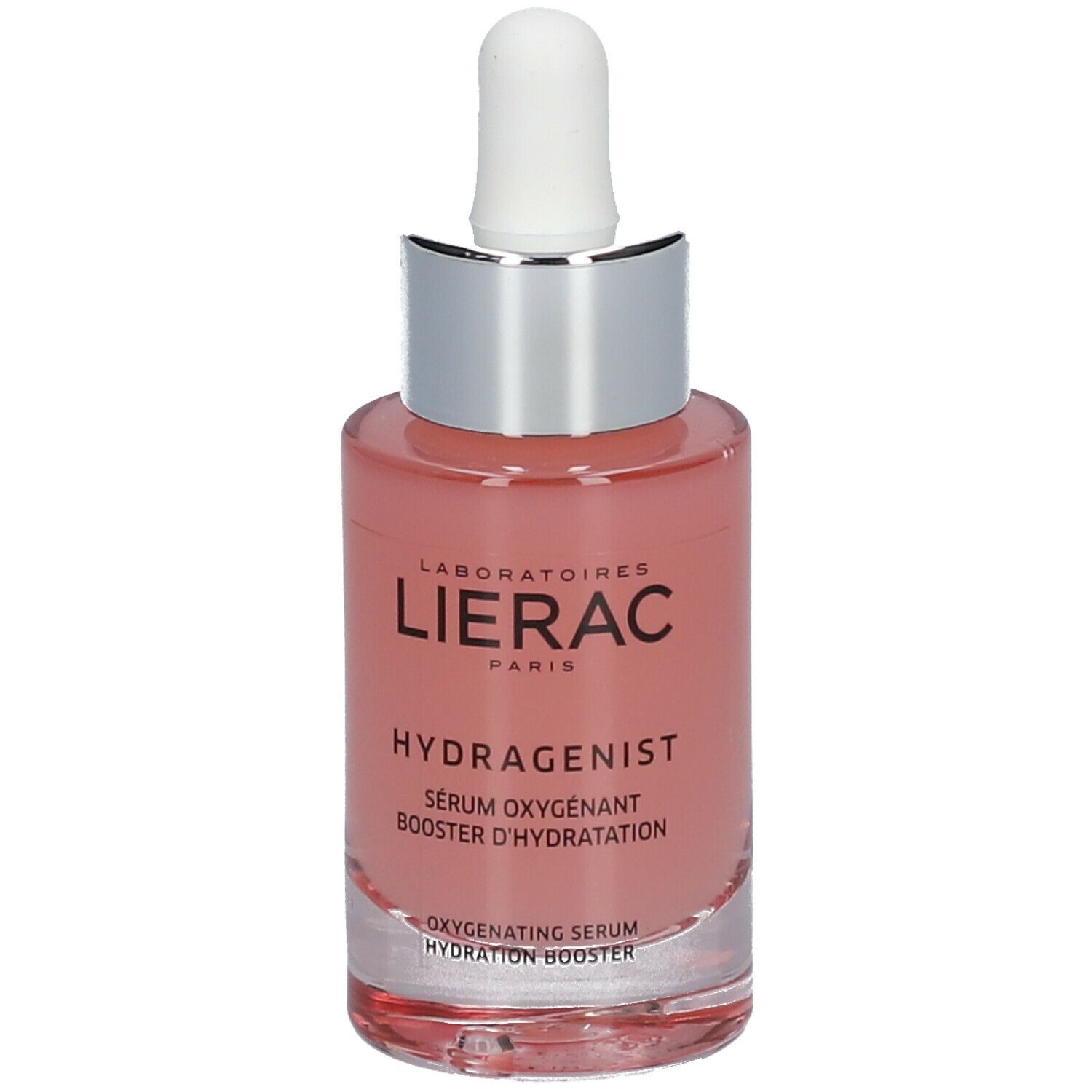 Flacon de sérum rose avec compte-gouttes blanc. Inscription: LIERAC, HYDRAGENIST, Sérum oxygénant booster d'hydratation.