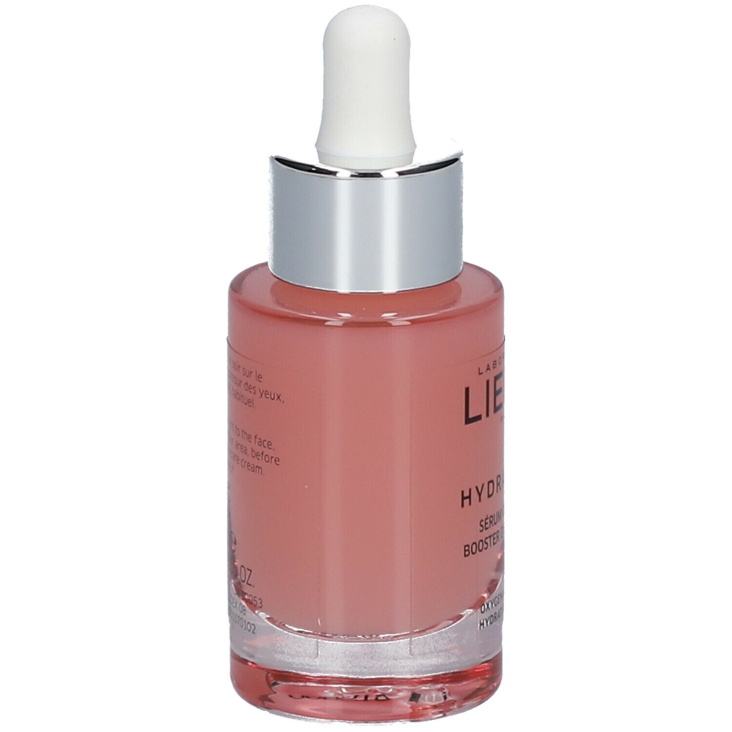 Vue arrière d'un flacon de sérum rose avec compte-gouttes blanc. Inscription: LIERAC, HYDRAGENIST, Sérum oxygénant booster d'hydratation.