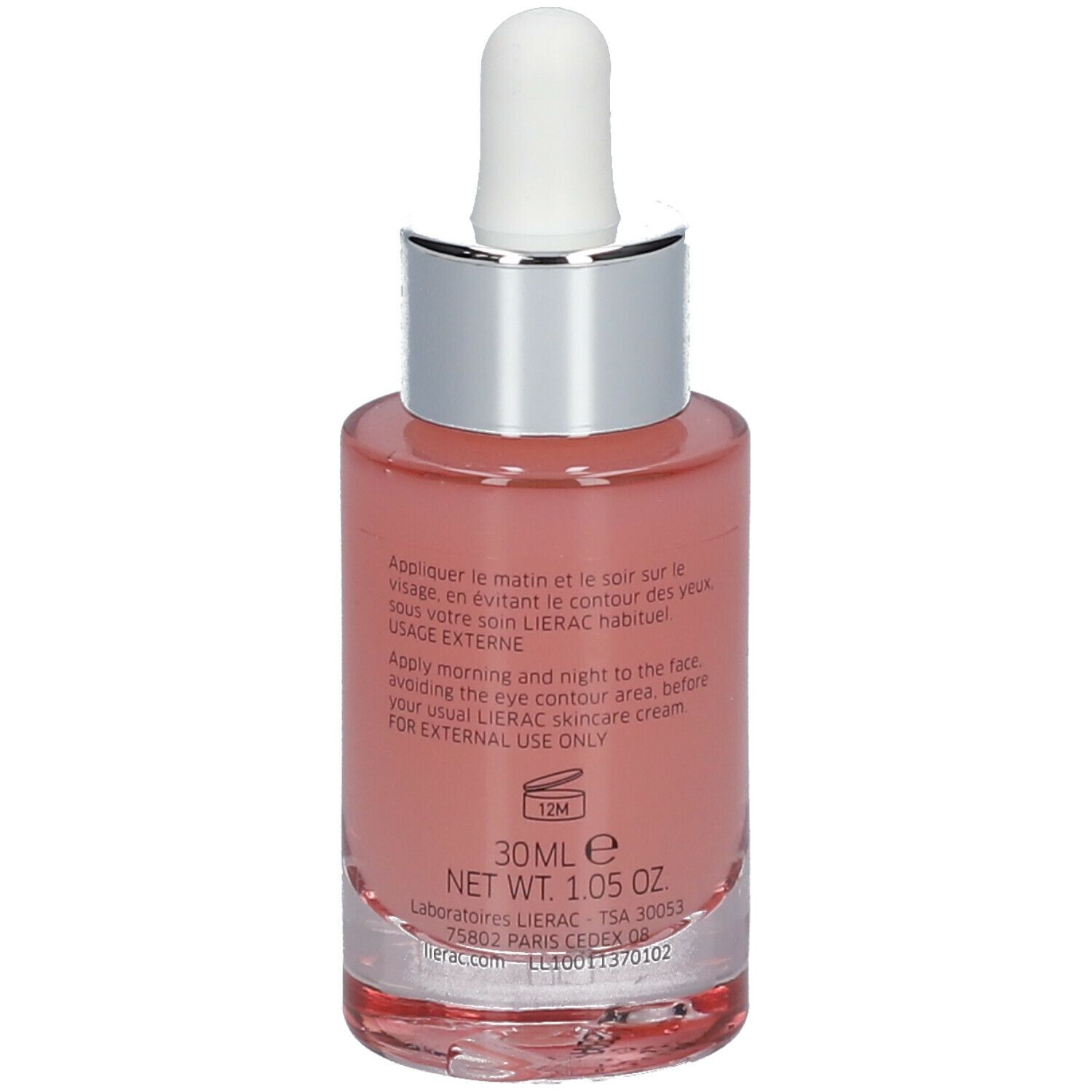 Vue arrière d'un flacon de sérum rose avec compte-gouttes blanc. Inscription: LIERAC, HYDRAGENIST. Texte pour usage externe.
