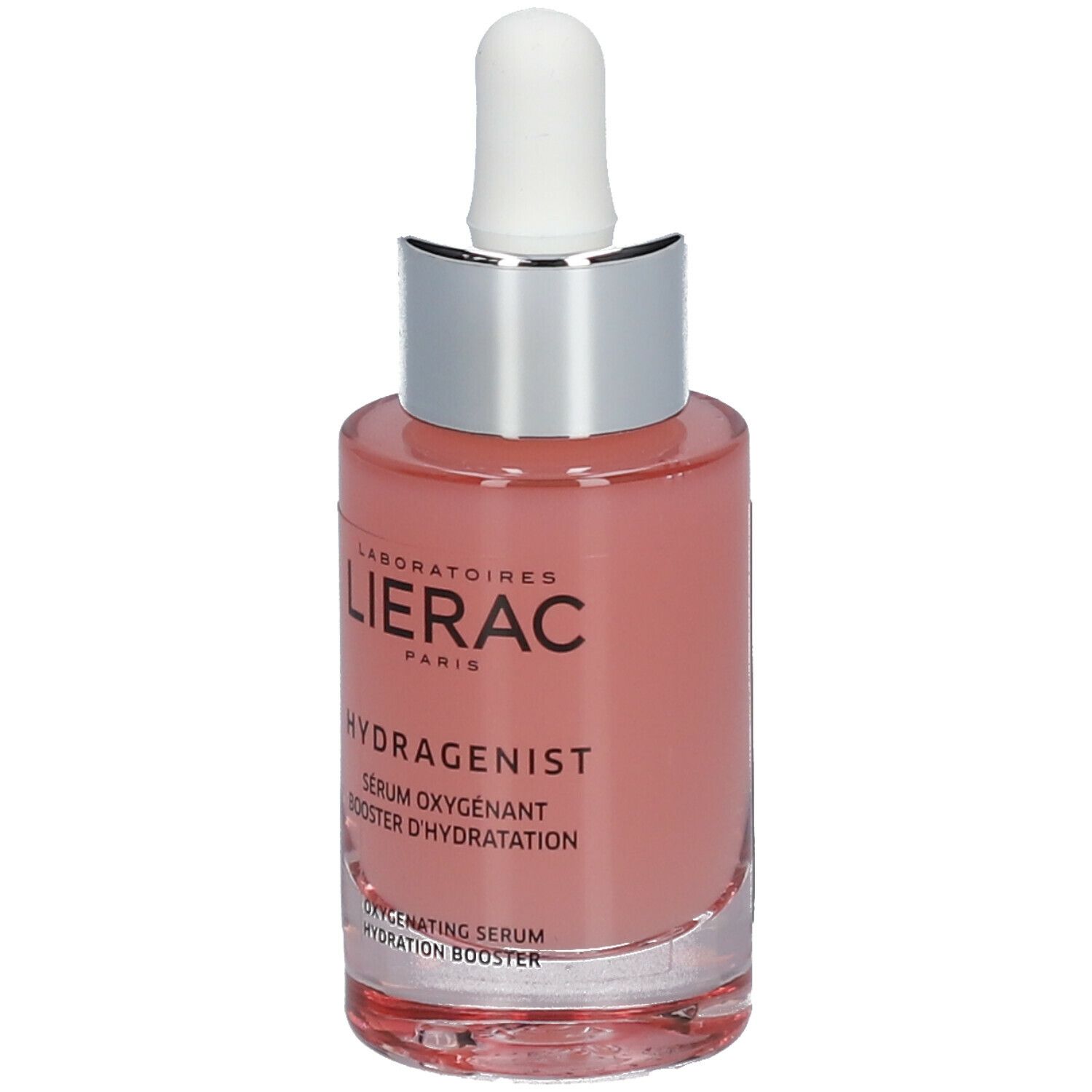 Flacon de sérum rose avec compte-gouttes blanc. Inscription: LIERAC, HYDRAGENIST, Sérum oxygénant booster d'hydratation.