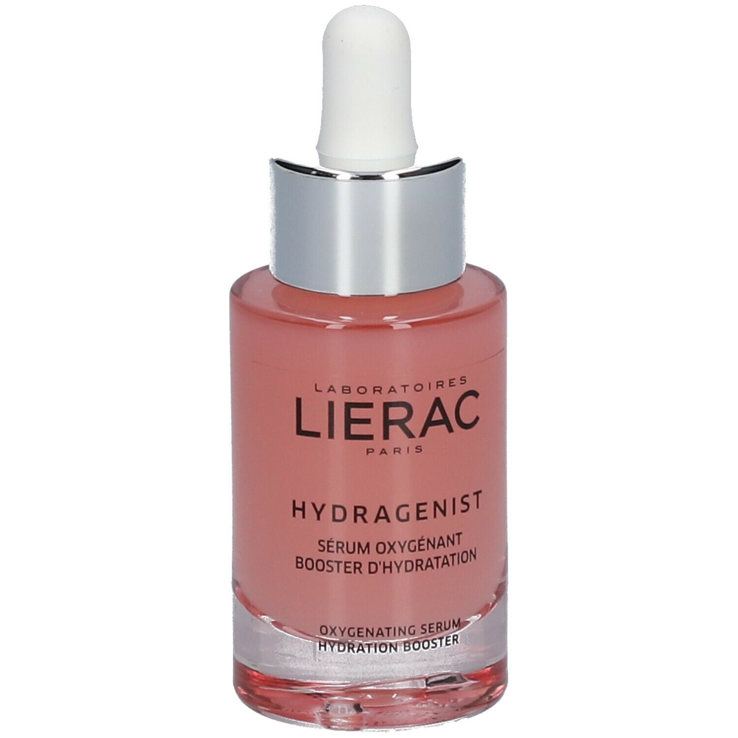 Flacon de sérum rose avec compte-gouttes blanc. Inscription: LIERAC, HYDRAGENIST, Sérum oxygénant booster d'hydratation.