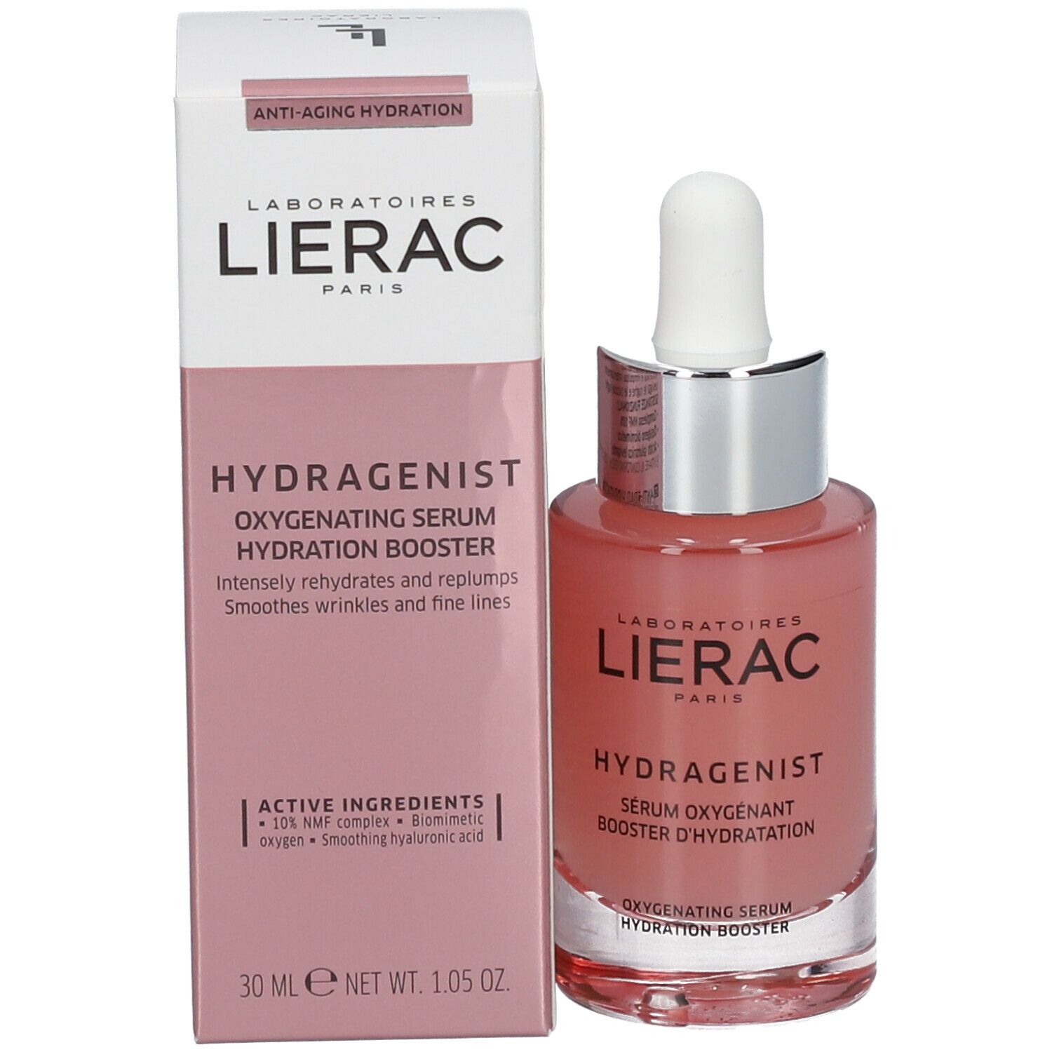 Emballage du produit avec flacon de sérum. Inscription: LIERAC, HYDRAGENIST, Sérum oxygénant booster d'hydratation. 30 ml.