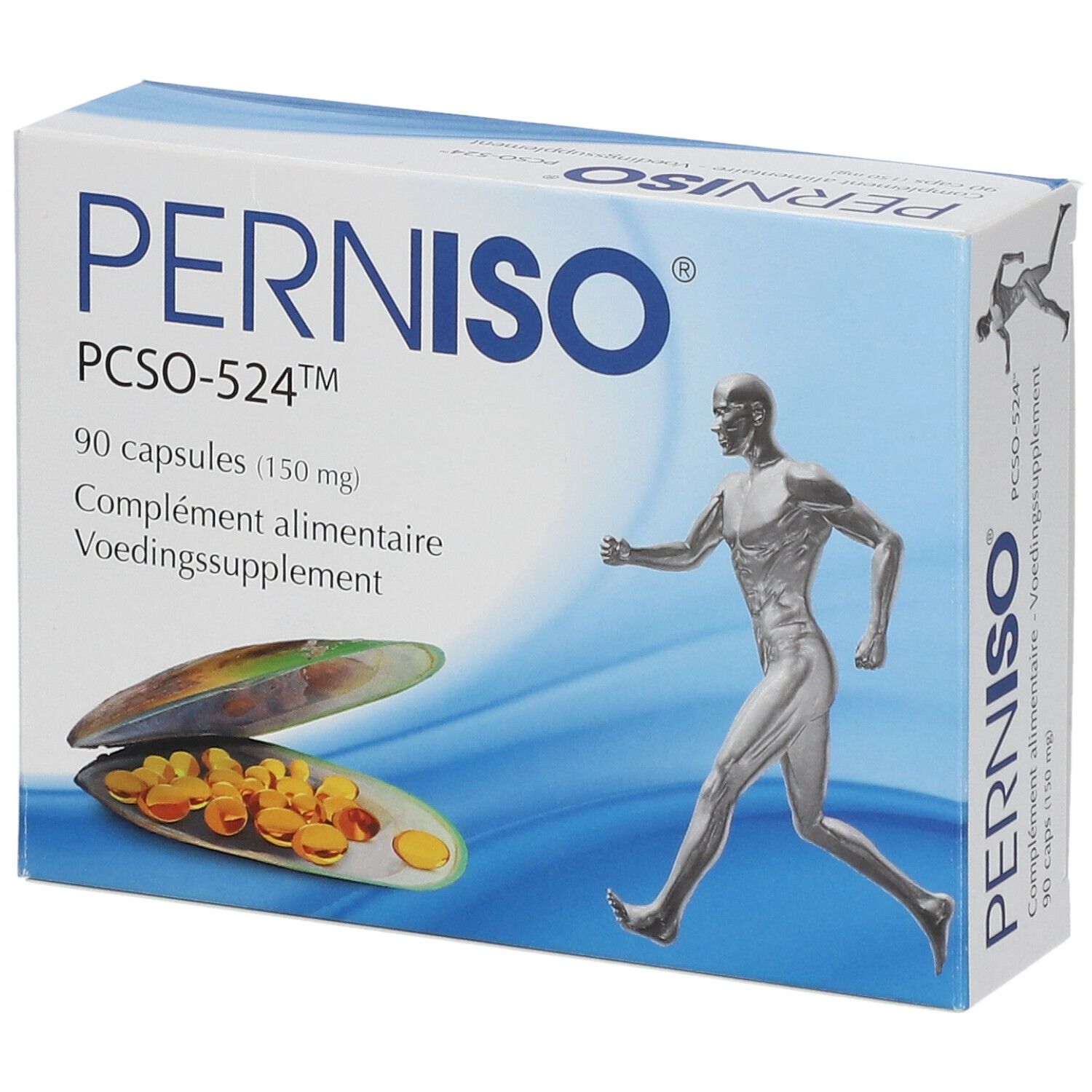 Schachtel mit PERNISO® PCSO-524™ Kapseln. Aufdruck: 90 Kapseln, Abbildung einer Person beim Laufen und einer Muschel mit Kapseln.