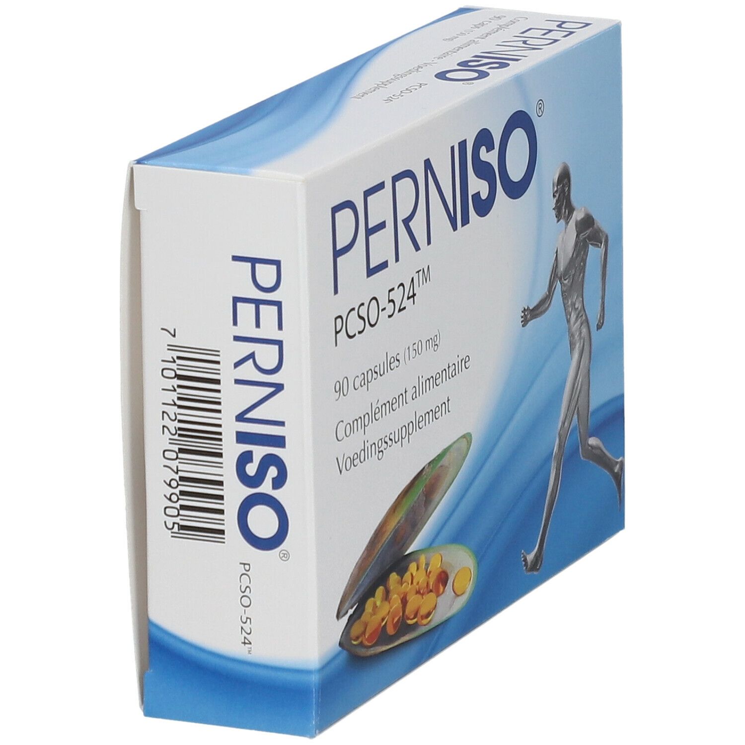 Schachtel PERNISO® PCSO-524™ mit 90 Kapseln. Seitenansicht mit Abbildung einer Person beim Laufen und einer Muschel mit Kapseln.