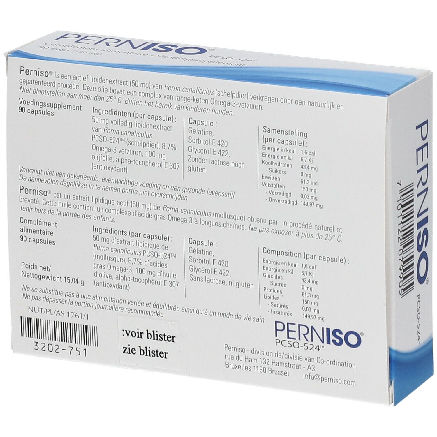 Rückseite der PERNISO® PCSO-524™ Schachtel. Textinformationen über Inhaltsstoffe und Nährwerte. Logo PERNISO® PCSO-524™.