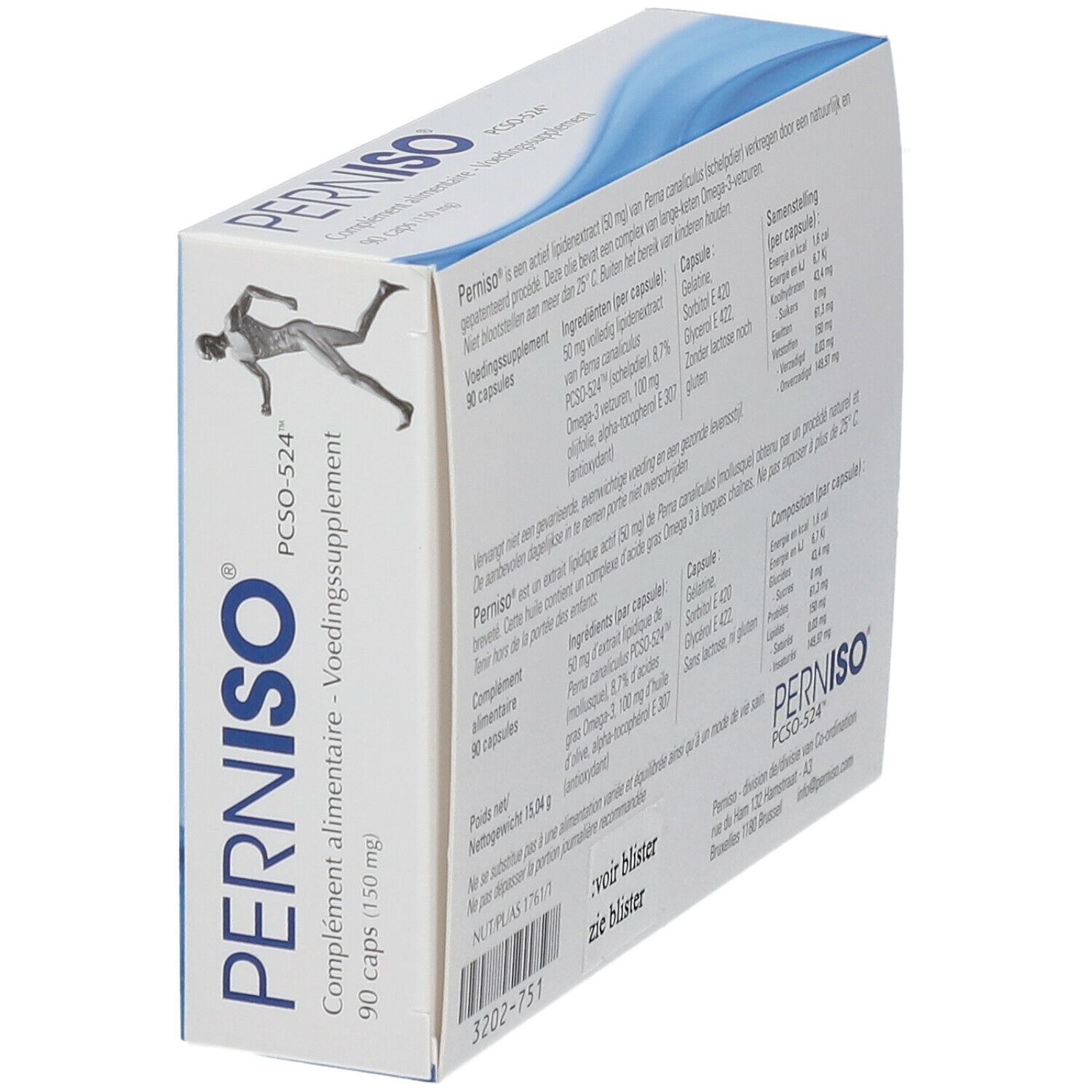 Seitenansicht der PERNISO® PCSO-524™ Schachtel. Textinformationen und Logo PERNISO® PCSO-524™. Abbildung einer Person beim Laufen.