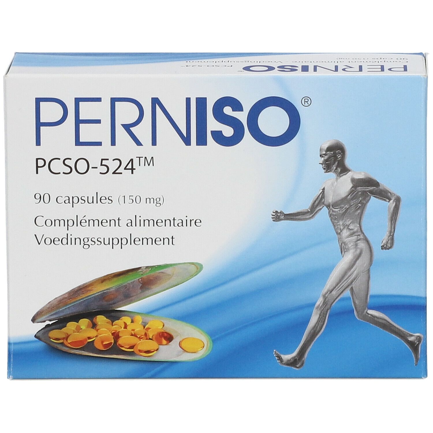 Schachtel mit PERNISO® PCSO-524™ Kapseln. Aufdruck: 90 Kapseln, Abbildung einer Person beim Laufen und einer Muschel mit Kapseln.