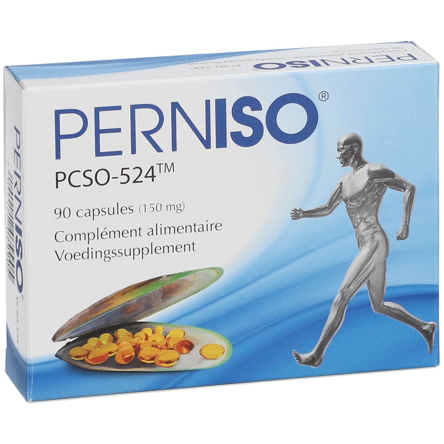 Schachtel mit PERNISO® PCSO-524™ Kapseln. Aufdruck: 90 Kapseln, Abbildung einer Person beim Laufen und einer Muschel mit Kapseln.