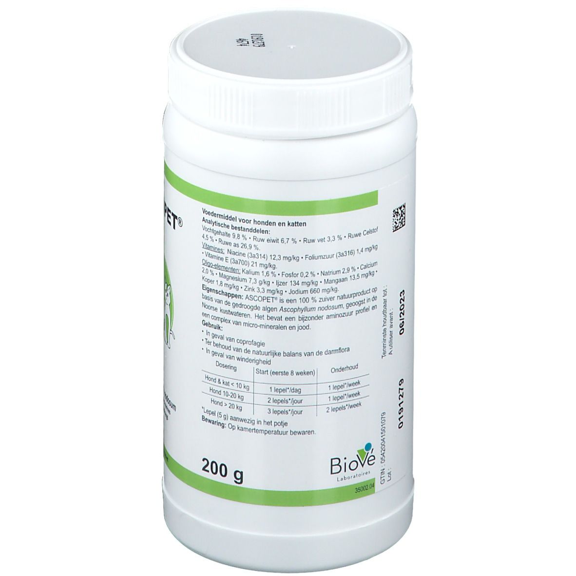 Achterkant van de witte pot. Tekst in het Nederlands. Informatie over ingrediënten en dosering. 200 g.