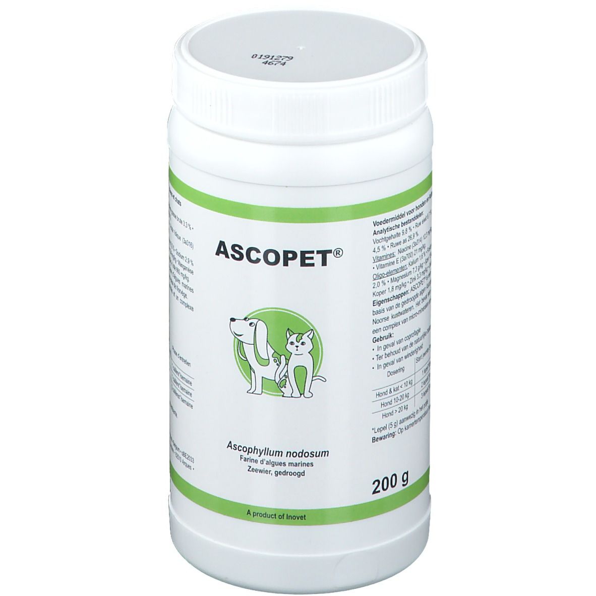 Witte pot met groen etiket. Opschrift ASCOPET®, logo met hond en kat. Inhoud: 200 g.