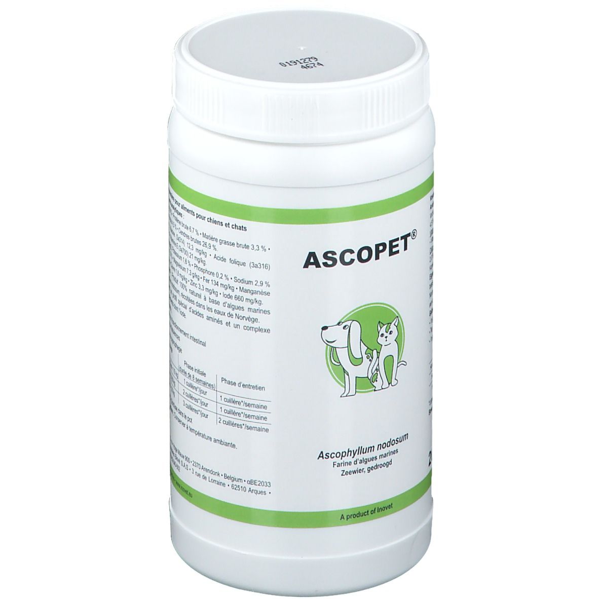 Witte pot met groen etiket. Opschrift ASCOPET®, logo met hond en kat. Tekst in het Frans.