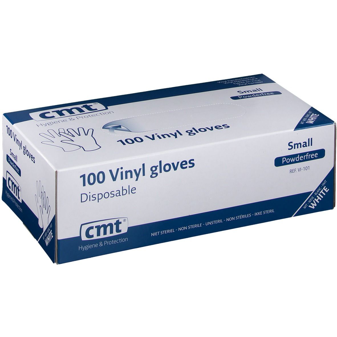 Boîte blanche de 100 gants en vinyle CMT. Inscription: Small, sans poudre. Illustration de gants.