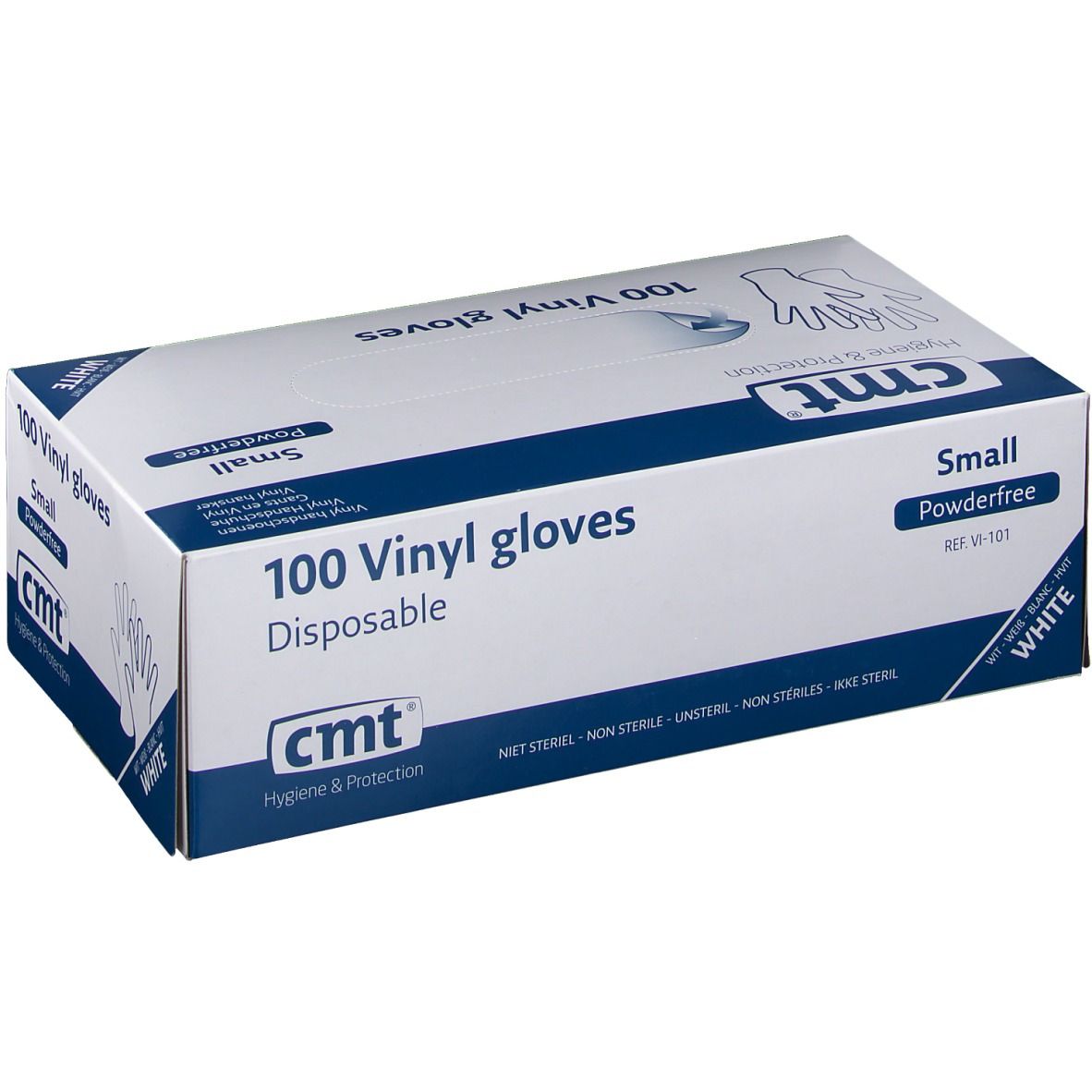 Boîte de 100 gants en vinyle CMT. Inscription: Small, sans poudre. Illustration de gants. Vue en biais.