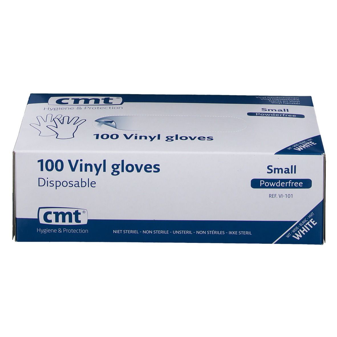 Boîte blanche de 100 gants en vinyle CMT. Inscription: Small, sans poudre. Illustration de gants.